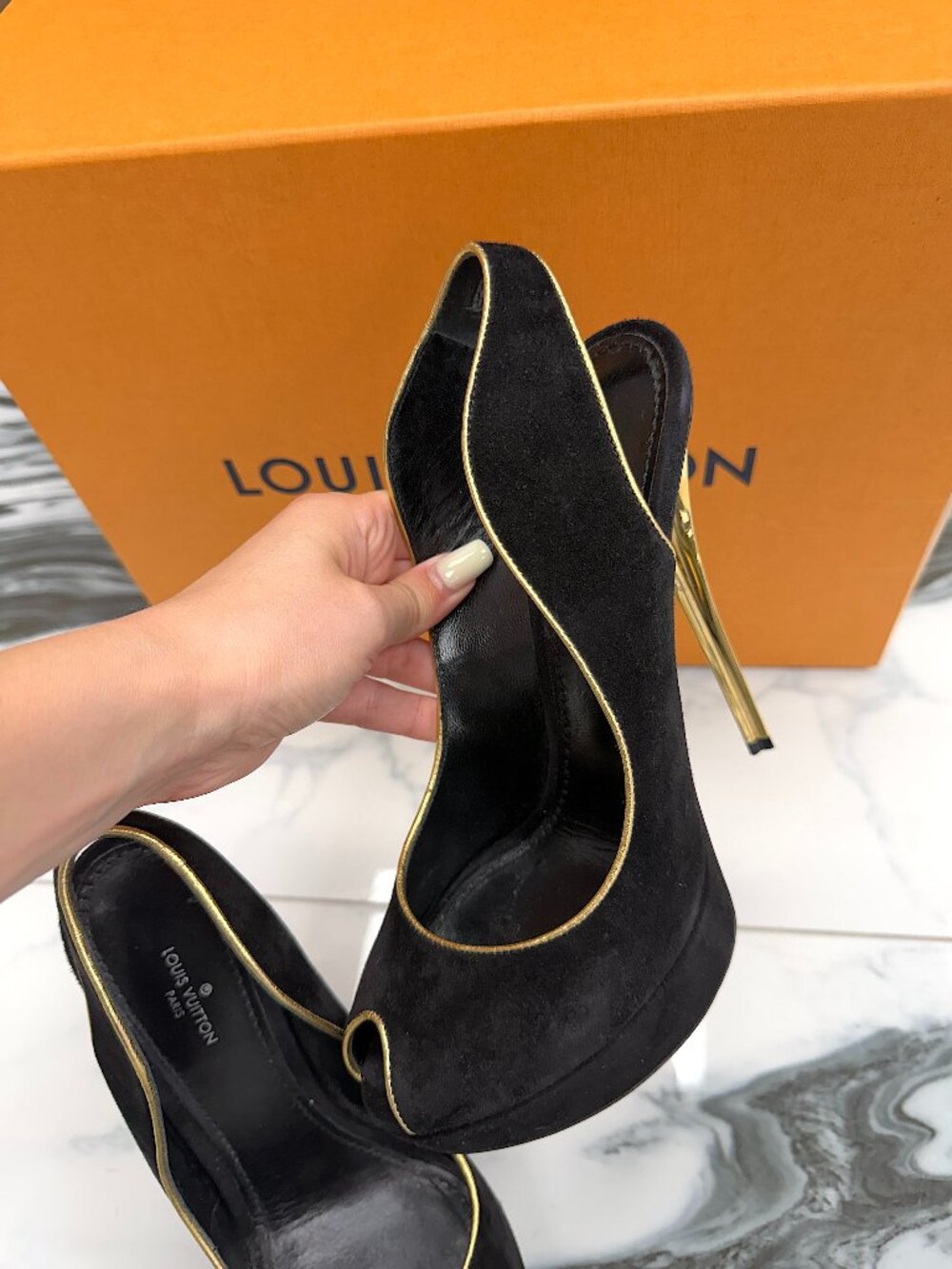 Louis Vuitton Black Suede Platform Heels Gold Heel Peep Toe Pumps Size 37 - Picture 12 of 16